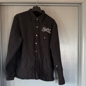 Mens Black Vocal  Jacket Skull Sherpa Lined Snap Front Goth Grunge Distressed L